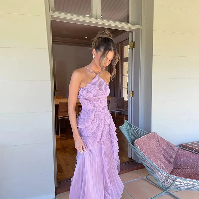 SOERA Ruffa Halter Strap Ruffled Tule Dress - Dresses - 1005009034201148-;ks1764062902534782766 Purple XS