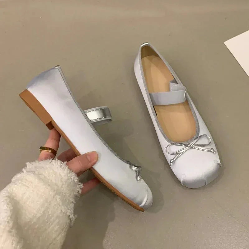 SOERA Pamela Bowtie Satin Ballet Flats - Shoes - 1005006308783003-;Og1772045931428095348 Silver 35