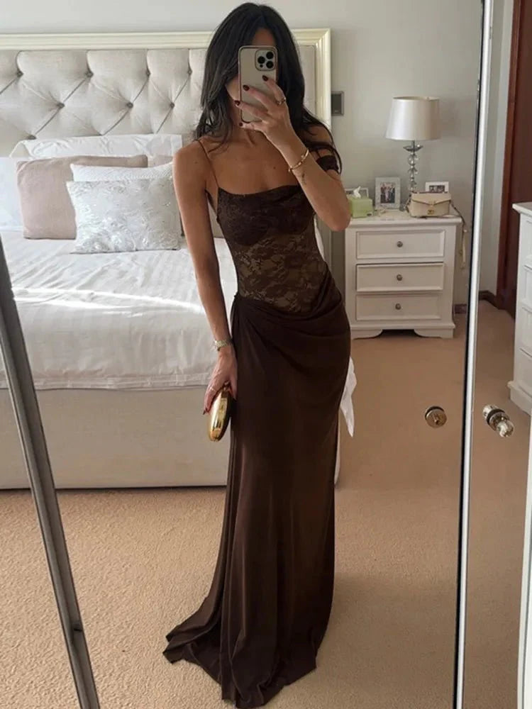 SOERA Olga One Shoulder Lace Maxi Dress - Dresses - 1005009420029371-;fh1764062903247764507 Brown S